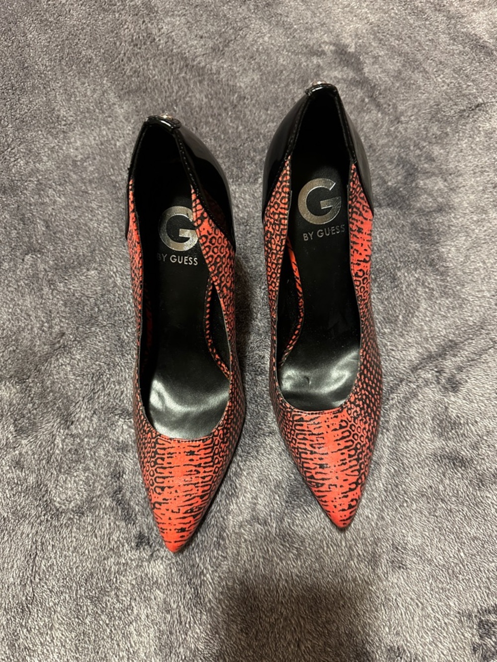 G by Guess Red and Black Animal-Print Pointed Toe Pumps